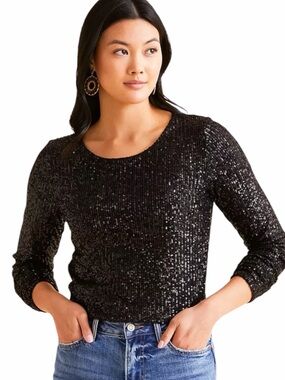 Z Supply Aurora Black Sequin Long-Sleeve Crewneck Top. Size XS